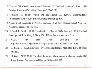 17. Chatwal GR (2002), Instrumental Method of Chemical Analysis”, Part-1, 5th
Edition, Himalaya Publishing House pp 2.624-2.631.
18. Robinson JW, Skelly Frame EM and Frame GM (2005), Undergraduate
Instrumental Analysis, 6th Edition, Marcel Dekker, pp 806.
19. Ahuja S and Scypinski S (2001), Handbook of Modern Pharmaceutical Analysis,
Academic Press 3, pp 356-367.
20. Ll. Yord, R. Snyder, J.J. Kirkland and J.L. Glajch (1997), Practical HPLC Method
development, John Wiley & Sons, INC, U.S.A. 2nd edition, New York.
21. NIAID HIV Life Cycle. Available on :
http://www.niaid.nih.gov/daids/dtpdp/virpage1.htm (Accessed Oct 2004).
22. De Clerq, E (2002), New anti-HIV agents and targets. Med. Res. Rev., 22(6),pp
531-565.
23. El Kouni (2002), M. H. Trends in the design of nucleoside analogues as anti-HIV
drugs. Current Pharmaceutical Design, 8(8),pp 581-593.
GTU/PHD/NIRAV SONI/189999901009 167
 