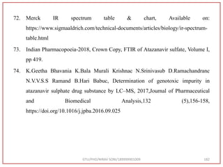 72. Merck IR spectrum table & chart, Available on:
https://www.sigmaaldrich.com/technical-documents/articles/biology/ir-spectrum-
table.html
73. Indian Pharmacopoeia-2018, Crown Copy, FTIR of Atazanavir sulfate, Volume I,
pp 419.
74. K.Geetha Bhavania K.Bala Murali Krishnac N.Srinivasub D.Ramachandranc
N.V.V.S.S Ramand B.Hari Babuc, Determination of genotoxic impurity in
atazanavir sulphate drug substance by LC–MS, 2017,Journal of Pharmaceutical
and Biomedical Analysis,132 (5),156-158,
https://doi.org/10.1016/j.jpba.2016.09.025
GTU/PHD/NIRAV SONI/189999901009 182
 