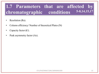 1.7 Parameters that are affected by
chromatographic conditions 5-8,14,15,17
• Resolution (Rs).
• Column efficiency/ Number of theoretical Plates (N)
• Capacity factor (k').
• Peak asymmetry factor (As).
GTU/PHD/NIRAV SONI/189999901009 22
 