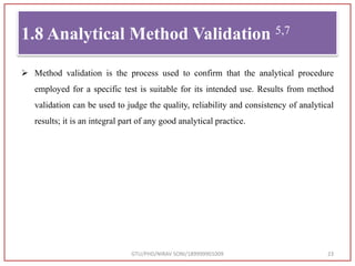 1.8 Analytical Method Validation 5,7
GTU/PHD/NIRAV SONI/189999901009 23
 Method validation is the process used to confirm that the analytical procedure
employed for a specific test is suitable for its intended use. Results from method
validation can be used to judge the quality, reliability and consistency of analytical
results; it is an integral part of any good analytical practice.
 