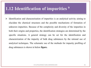  Identification and characterization of impurities is an analytical activity aiming to
elucidate the chemical structures and the possible mechanisms of formation of
unknown impurities. Because of the complexity and diversity of the impurities in
both their origins and properties, the identification strategies are determined by the
specific situations. A general strategy can be set for the identification and
characterization of the impurity of bulk drug substances by the rational use of
analytical techniques. The schematic use of the methods for impurity profiling of
drug substances is shown in below figure.
GTU/PHD/NIRAV SONI/189999901009 30
1.12 Identification of impurities 9
 
