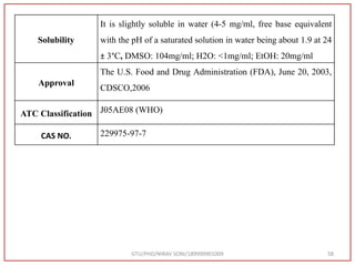 GTU/PHD/NIRAV SONI/189999901009 58
Solubility
It is slightly soluble in water (4-5 mg/ml, free base equivalent
with the pH of a saturated solution in water being about 1.9 at 24
± 3°C, DMSO: 104mg/ml; H2O: <1mg/ml; EtOH: 20mg/ml
Approval
The U.S. Food and Drug Administration (FDA), June 20, 2003,
CDSCO,2006
ATC Classification J05AE08 (WHO)
CAS NO. 229975-97-7
 