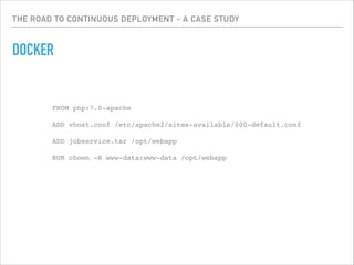 THE ROAD TO CONTINUOUS DEPLOYMENT - A CASE STUDY
DEPLOYING
PULL IMAGE
REMOVE FROM LOAD BALANCER
STOP CONTAINER
START NEW C...