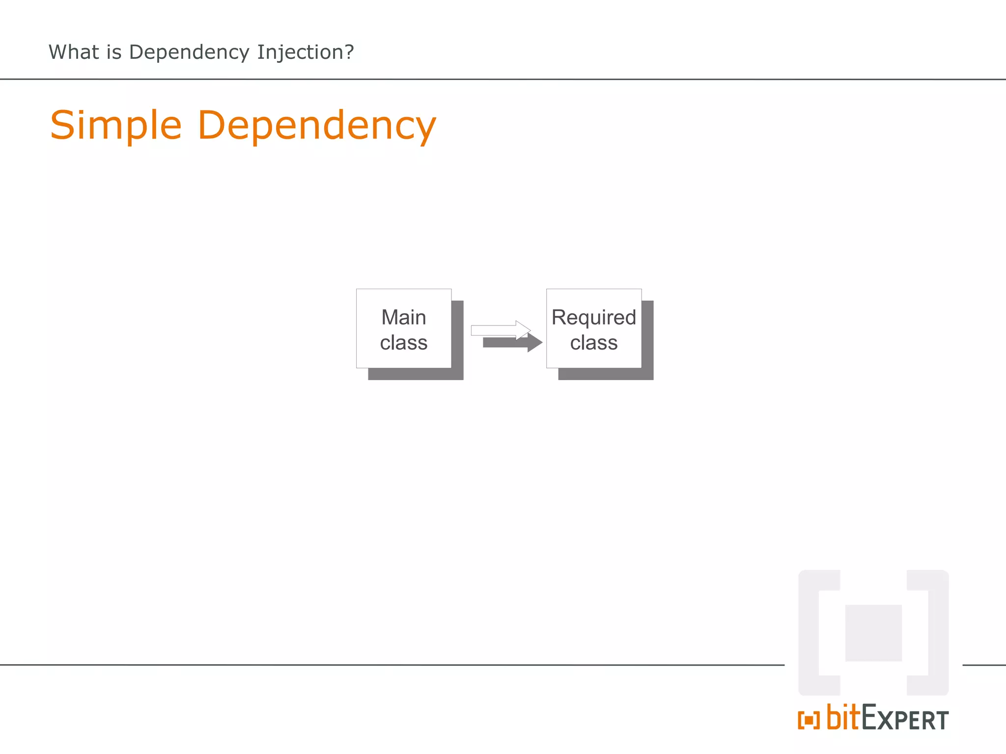 What is Dependency Injection?



Simple Dependency



                                Main    Required
                                class    class
 