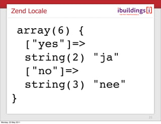Zend Locale


          array(6) {
           ["yes"]=>
           string(2) "ja"
           ["no"]=>
           string(3) "nee"
         }
                             21
Monday, 23 May 2011
 