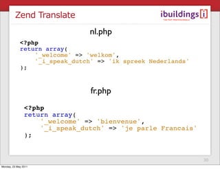 Zend Translate
                          nl.php




                          fr.php




                                   30
Monday, 23 May 2011
 