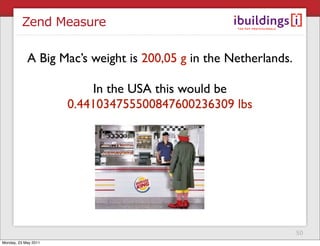 Zend Measure

            A Big Mac’s weight is 200,05 g in the Netherlands.

                          In the USA this would be
                      0.441034755500847600236309 lbs




                                                                 50
Monday, 23 May 2011
 