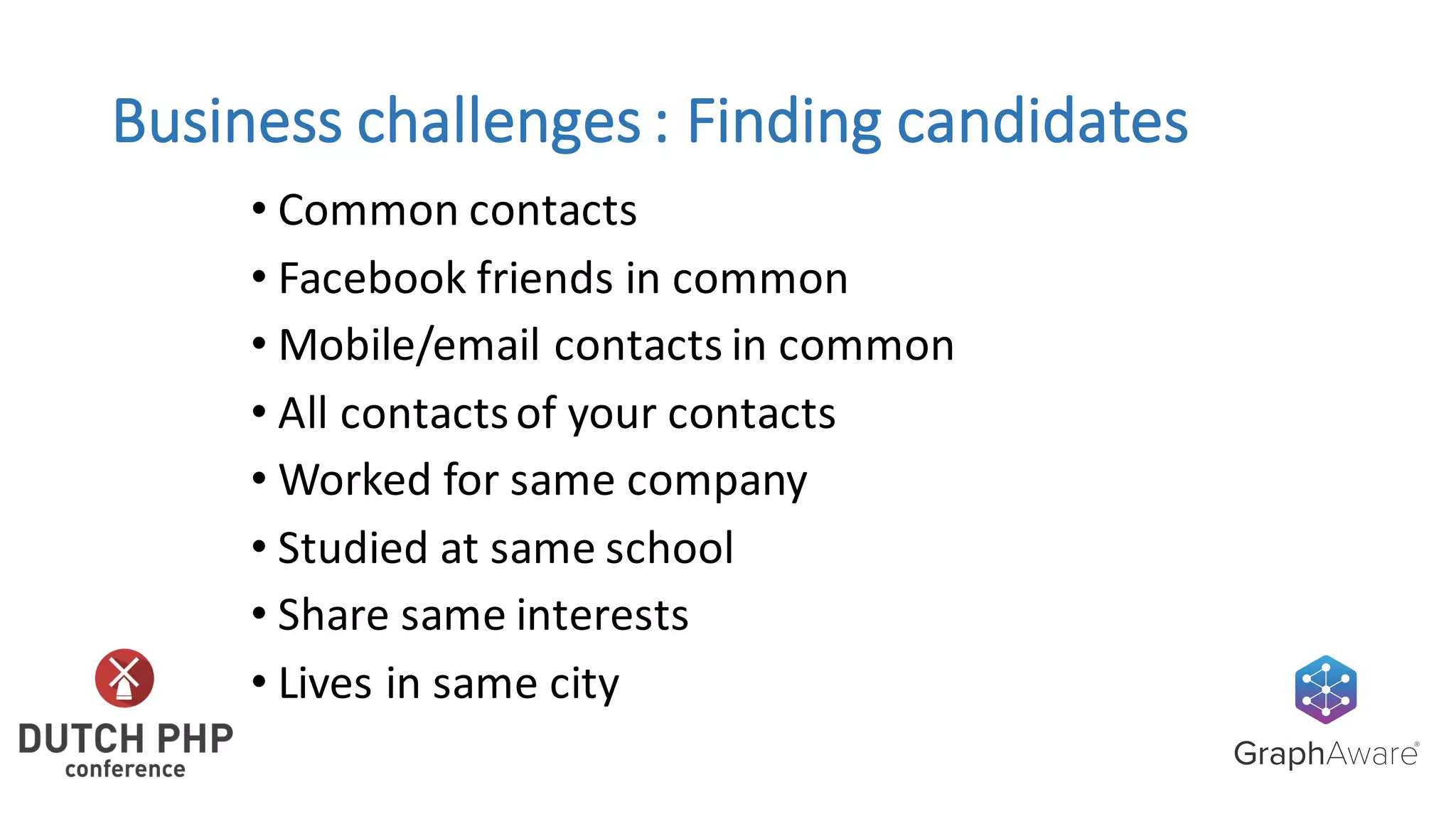 Business	challenges	:	Finding	candidates
• Common	contacts
• Facebook	friends	in	common
• Mobile/email	contacts	in	common
• All	contacts	of	your	contacts
• Worked	for	same	company
• Studied	at	same	school
• Share	same	interests
• Lives	in	same	city
 