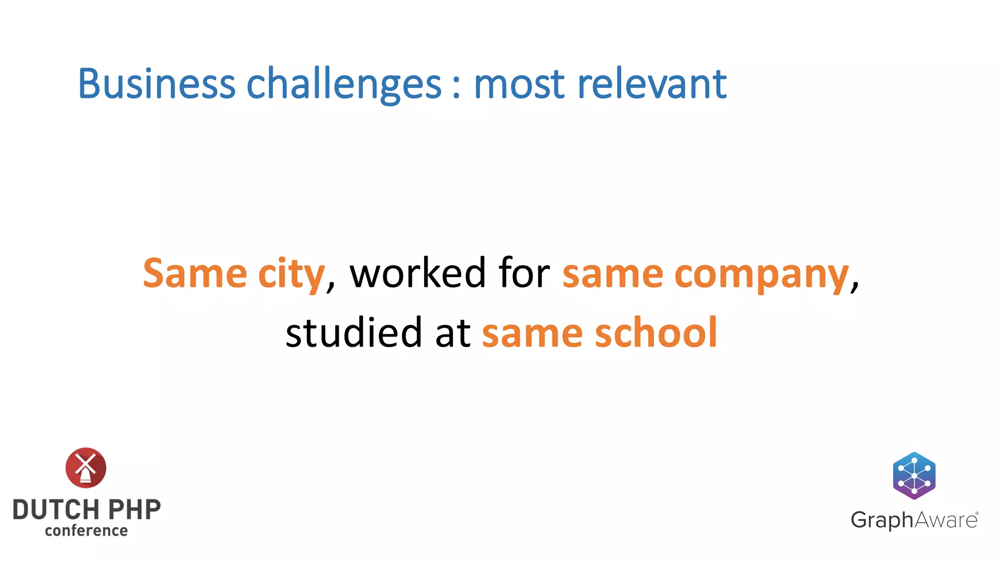 Business	challenges	:	most	relevant
Same	city,	worked	for	same	company,	
studied	at	same	school	
 