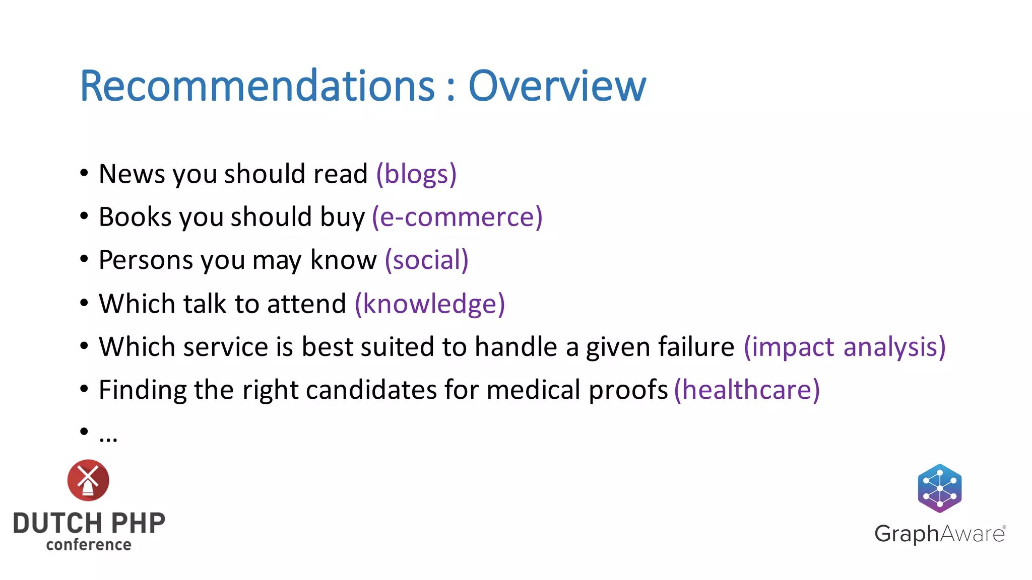 Recommendations	:	Overview
• News	you	should	read	(blogs)
• Books	you	should	buy	(e-commerce)
• Persons	you	may	know	(social)
• Which	talk	to	attend	(knowledge)
• Which	service	is	best	suited	to	handle	a	given	failure	(impact	analysis)
• Finding	the	right	candidates	for	medical	proofs	(healthcare)
• …
 