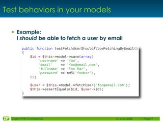 Test behaviors in your models

  • Example:
    I should be able to fetch a user by email




  Dutch PHP Conference      ...