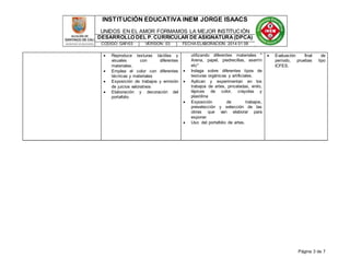 INSTITUCIÓN EDUCATIVA INEM JORGE ISAACS 
UNIDOS EN EL AMOR FORMAMOS LA MEJOR INSTITUCIÓN 
DESARROLLO DEL P. CURRICULAR DE ASIGNATURA (DPCA) 
CÓDIGO: GAFr03 VERSIÓN: 03 FECHA ELABORACIÓN: 2014 01 08 
Página 3 de 7 
 Reproduce texturas táctiles y 
visuales con diferentes 
materiales. 
 Emplea el color con diferentes 
técnicas y materiales 
 Exposición de trabajos y emisión 
de juicios valorativos 
 Elaboración y decoración del 
portafolio 
utilizando diferentes materiales " 
Arena, papel, piedrecillas, aserrín 
etc" 
 Indaga sobre diferentes tipos de 
texturas orgánicas y artificiales. 
 Aplican y experimentan en los 
trabajos de artes, pinceladas, vinilo, 
lápices de color, crayolas y 
plastilina 
 Exposición de trabajos, 
preselección y selección de las 
obras que van elaborar para 
exponer 
 Uso del portafolio de artes. 
 Evaluación final de 
período, pruebas tipo 
ICFES. 
 
