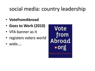 social media: country leadershipVotefromAbroadGoes to Work (2010)VFA banner as it registers voters worldwide….