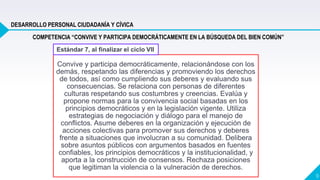 9
Convive y participa democráticamente, relacionándose con los
demás, respetando las diferencias y promoviendo los derechos
de todos, así como cumpliendo sus deberes y evaluando sus
consecuencias. Se relaciona con personas de diferentes
culturas respetando sus costumbres y creencias. Evalúa y
propone normas para la convivencia social basadas en los
principios democráticos y en la legislación vigente. Utiliza
estrategias de negociación y diálogo para el manejo de
conflictos. Asume deberes en la organización y ejecución de
acciones colectivas para promover sus derechos y deberes
frente a situaciones que involucran a su comunidad. Delibera
sobre asuntos públicos con argumentos basados en fuentes
confiables, los principios democráticos y la institucionalidad, y
aporta a la construcción de consensos. Rechaza posiciones
que legitiman la violencia o la vulneración de derechos.
Estándar 7, al finalizar el ciclo VII
COMPETENCIA “CONVIVE Y PARTICIPA DEMOCRÁTICAMENTE EN LA BÚSQUEDA DEL BIEN COMÚN”
DESARROLLO PERSONAL CIUDADANÍA Y CÍVICA
 