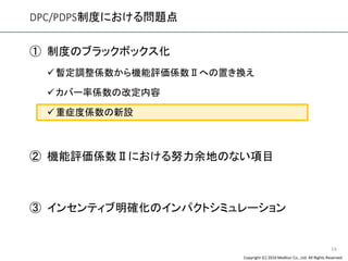Copyright (C) 2016 Meditur Co., Ltd. All Rights Reserved.
DPC/PDPS制度における問題点
① 制度のブラックボックス化
✓暫定調整係数から機能評価係数Ⅱへの置き換え
✓カバー率係数の改定内容
✓重症度係数の新設
② 機能評価係数Ⅱにおける努力余地のない項目
③ インセンティブ明確化のインパクトシミュレーション
14
 