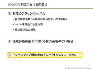 Copyright (C) 2016 Meditur Co., Ltd. All Rights Reserved.
DPC/PDPS制度における問題点
① 制度のブラックボックス化
✓暫定調整係数から機能評価係数Ⅱへの置き換え
✓カバー率係数の改定内容
✓重症度係数の新設
② 機能評価係数Ⅱにおける努力余地のない項目
③ インセンティブ明確化のインパクトシミュレーション
28
 