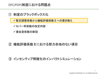 Copyright (C) 2016 Meditur Co., Ltd. All Rights Reserved.
DPC/PDPS制度における問題点
① 制度のブラックボックス化
✓暫定調整係数から機能評価係数Ⅱへの置き換え
✓カバー率係数の改定内容
✓重症度係数の新設
② 機能評価係数Ⅱにおける努力余地のない項目
③ インセンティブ明確化のインパクトシミュレーション
3
 