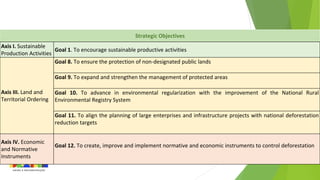 Strategic Objectives
Axis I. Sustainable
Production Activities
Goal 1. To encourage sustainable productive activities
Axis III. Land and
Territorial Ordering
Goal 8. To ensure the protection of non-designated public lands
Goal 9. To expand and strengthen the management of protected areas
Goal 10. To advance in environmental regularization with the improvement of the National Rural
Environmental Registry System
Goal 11. To align the planning of large enterprises and infrastructure projects with national deforestation
reduction targets
Axis IV. Economic
and Normative
Instruments
Goal 12. To create, improve and implement normative and economic instruments to control deforestation
 