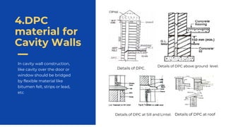 In cavity wall construction,
like cavity over the door or
window should be bridged
by flexible material like
bitumen felt, strips or lead,
etc
4.DPC
material for
Cavity Walls
Details of DPC.
Details of DPC above ground level.
Details of DPC at Sill and Lintel. Details of DPC at roof
 