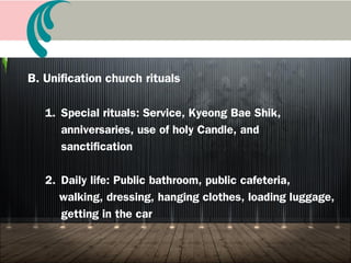 A. Unification church tradition
1. 8 Holy Days and An Shi Il (2/13/97)
2. Purpose of creation centering on relationship:
Heavenly Heart Unification Church
3. Life of attendance (9/14/97)
4. Workshop attendance (2, 7, 21, 40: 70 days )
5. Cheon Il Guk Constitution Article 1 (1/13/01)
6. Unification Church blessed families common good
Book 7 Etiquette and Ceremonies
 