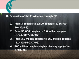 A. TP and the Blessing
3. TP engrafts the original baby seed to fallen
humankind (7/31/96)
4. Conversion of lineage through TP: Holy Wine Ceremony,
Blessing Marriage, 3-day Ceremony
Book 9 Blessed Family
 