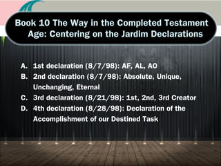 C. Blessed families and registration
1. Steps of blessings: Church, national, world, cosmic-
level blessing
2. Re-blessing of all blessed families and presentation of
Heavenly stamp (1/13/13)
3. Blessing of earthly beings and spiritual beings
(4/11/99)
a. Blessing of earthly beings: 1st
, 2nd
, 3rd
couple
b. Blessing of spiritual beings: 1st
, 2nd
, 3rd
couple
4. Life stages of BF: Sung-hwa ceremony (Birth,
marriage, death, 10/14/11)
 