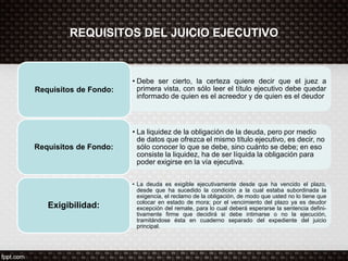 REQUISITOS DEL JUICIO EJECUTIVO
• Debe ser cierto, la certeza quiere decir que el juez a
primera vista, con sólo leer el título ejecutivo debe quedar
informado de quien es el acreedor y de quien es el deudor
Requisitos de Fondo:
• La liquidez de la obligación de la deuda, pero por medio
de datos que ofrezca el mismo título ejecutivo, es decir, no
sólo conocer lo que se debe, sino cuánto se debe; en eso
consiste la liquidez, ha de ser líquida la obligación para
poder exigirse en la vía ejecutiva.
Requisitos de Fondo:
• La deuda es exigible ejecutivamente desde que ha vencido el plazo,
desde que ha sucedido la condición a la cual estaba subordinada la
exigencia, el reclamo de la obligación, de modo que usted no lo tiene que
colocar en estado de mora; por el vencimiento del plazo ya es deudor
excepción del remate, para lo cual deberá esperarse la sentencia defini-
tivamente firme que decidirá si debe intimarse o no la ejecución,
tramitándose ésta en cuaderno separado del expediente del juicio
principal.
Exigibilidad:
 