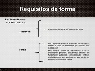 Requisitos de forma
Requisitos de forma
en el título ejecutivo
Sustancial:
Forma:
• Consiste en la declaración contenida en él
• Los requisitos de forma se refieren al documento
mismo al título, al documento que contiene esa
declaración.
• Hay muchas clases de documentos públicos,
documentos privados, documentos emitidos por
funcionarios judiciales, administrativos, emitidos
exclusivamente por particulares que serán los
privados, mercantiles, civiles.
 