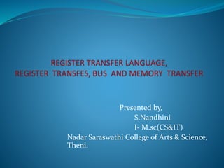 Presented by,
S.Nandhini
I- M.sc(CS&IT)
Nadar Saraswathi College of Arts & Science,
Theni.
 