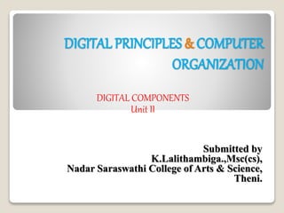 DIGITAL PRINCIPLES & COMPUTER
ORGANIZATION
DIGITAL COMPONENTS
Unit II
Submitted by
K.Lalithambiga.,Msc(cs),
Nadar Saraswathi College of Arts & Science,
Theni.
 