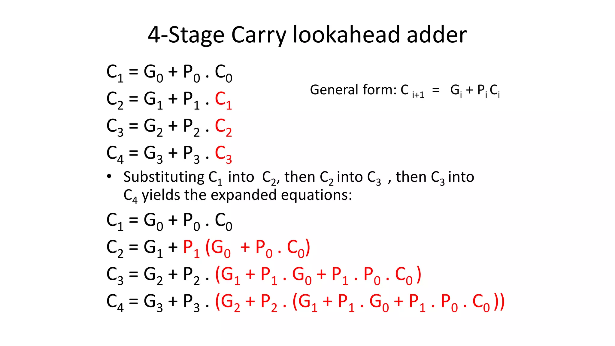 4-Stage Carry lookahead adder
C1 = G0 + P0 . C0
C2 = G1 + P1 . C1
C3 = G2 + P2 . C2
C4 = G3 + P3 . C3
• Substituting C1 into C2, then C2 into C3 , then C3 into
C4 yields the expanded equations:
C1 = G0 + P0 . C0
C2 = G1 + P1 (G0 + P0 . C0)
C3 = G2 + P2 . (G1 + P1 . G0 + P1 . P0 . C0 )
C4 = G3 + P3 . (G2 + P2 . (G1 + P1 . G0 + P1 . P0 . C0 ))
General form: C i+1 = Gi + Pi Ci
 