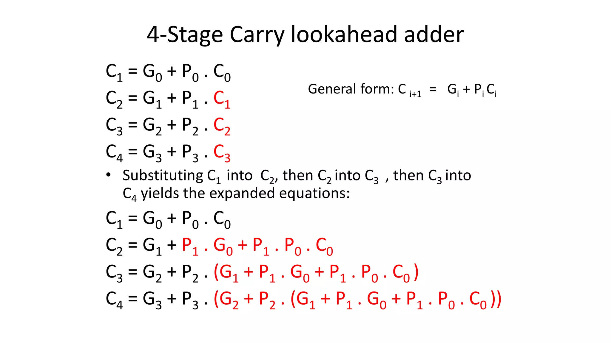 4-Stage Carry lookahead adder
C1 = G0 + P0 . C0
C2 = G1 + P1 . C1
C3 = G2 + P2 . C2
C4 = G3 + P3 . C3
• Substituting C1 into C2, then C2 into C3 , then C3 into
C4 yields the expanded equations:
C1 = G0 + P0 . C0
C2 = G1 + P1 . G0 + P1 . P0 . C0
C3 = G2 + P2 . (G1 + P1 . G0 + P1 . P0 . C0 )
C4 = G3 + P3 . (G2 + P2 . (G1 + P1 . G0 + P1 . P0 . C0 ))
General form: C i+1 = Gi + Pi Ci
 