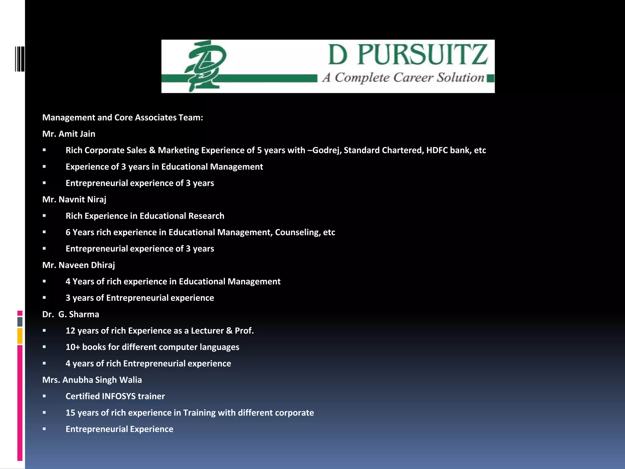 Management and Core Associates Team:Mr. Amit JainRich Corporate Sales & Marketing Experience of 5 years with –Godrej, Standard Chartered, HDFC bank, etcExperience of 3 years in Educational ManagementEntrepreneurial experience of 3 yearsMr. NavnitNirajRich Experience in Educational Research6 Years rich experience in Educational Management, Counseling, etcEntrepreneurial experience of 3 yearsMr. NaveenDhiraj4 Years of rich experience in Educational Management3 years of Entrepreneurial experienceDr.  G. Sharma12 years of rich Experience as a Lecturer & Prof.10+ books for different computer languages4 years of rich Entrepreneurial experienceMrs. Anubha Singh WaliaCertified INFOSYS trainer15 years of rich experience in Training with different corporateEntrepreneurial Experience