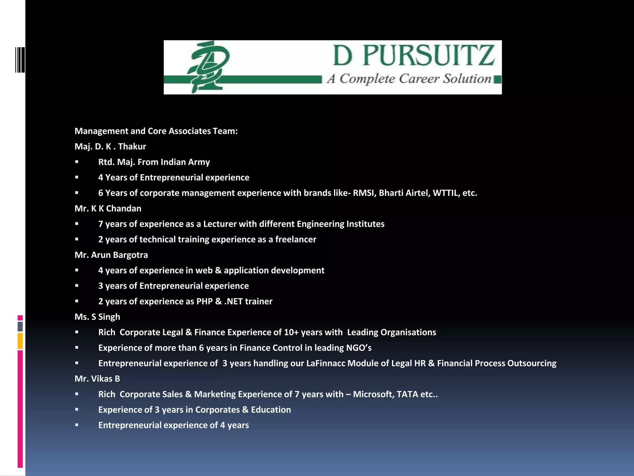 Management and Core Associates Team:Maj. D. K . ThakurRtd. Maj. From Indian Army4 Years of Entrepreneurial experience6 Years of corporate management experience with brands like- RMSI, BhartiAirtel, WTTIL, etc.Mr. K KChandan7 years of experience as a Lecturer with different Engineering Institutes2 years of technical training experience as a freelancerMr. ArunBargotra4 years of experience in web & application development 3 years of Entrepreneurial experience2 years of experience as PHP & .NET trainerMs. S SinghRich  Corporate Legal & Finance Experience of 10+ years with  Leading OrganisationsExperience of more than 6 years in Finance Control in leading NGO’sEntrepreneurial experience of  3 years handling our LaFinnacc Module of Legal HR & Financial Process OutsourcingMr. Vikas BRich  Corporate Sales & Marketing Experience of 7 years with – Microsoft, TATAetc..Experience of 3 years in Corporates& EducationEntrepreneurial experience of 4 years