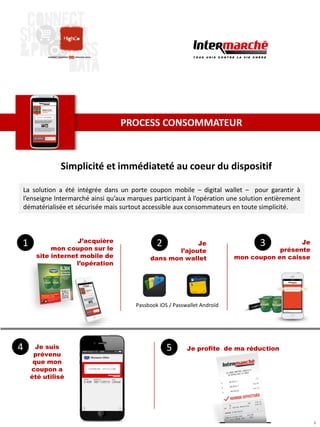  

PROCESS  CONSOMMATEUR  

Simplicité  et  immédiateté  au  coeur  du  dispositif  
La   solution   a   été   intégrée   dans   un   porte   coupon   mobile   –   digital   wallet   –      pour   garantir   à  
l’enseigne  Intermarché  ainsi  qu’aux  marques  participant  à  l’opération  une  solution  entièrement  
dématérialisée  et  sécurisée  mais  surtout  accessible  aux  consommateurs  en  toute  simplicité.    

1  

J’acquière
mon coupon sur le
site internet mobile de
l’opération

2  

Je
l’ajoute
dans mon wallet

Je
présente
mon coupon en caisse

3  

Passbook  iOS  /  Passwallet  Androïd  

4  

Je suis
prévenu
que mon
coupon a
été utilisé

5  

Je profite de ma réduction

Coupon  utilisé  

3

 