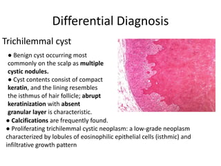 Differential Diagnosis
Trichilemmal cyst
● Calcifications are frequently found.
● Proliferating trichilemmal cystic neoplasm: a low-grade neoplasm
characterized by lobules of eosinophilic epithelial cells (isthmic) and
infiltrative growth pattern
● Benign cyst occurring most
commonly on the scalp as multiple
cystic nodules.
● Cyst contents consist of compact
keratin, and the lining resembles
the isthmus of hair follicle; abrupt
keratinization with absent
granular layer is characteristic.
 