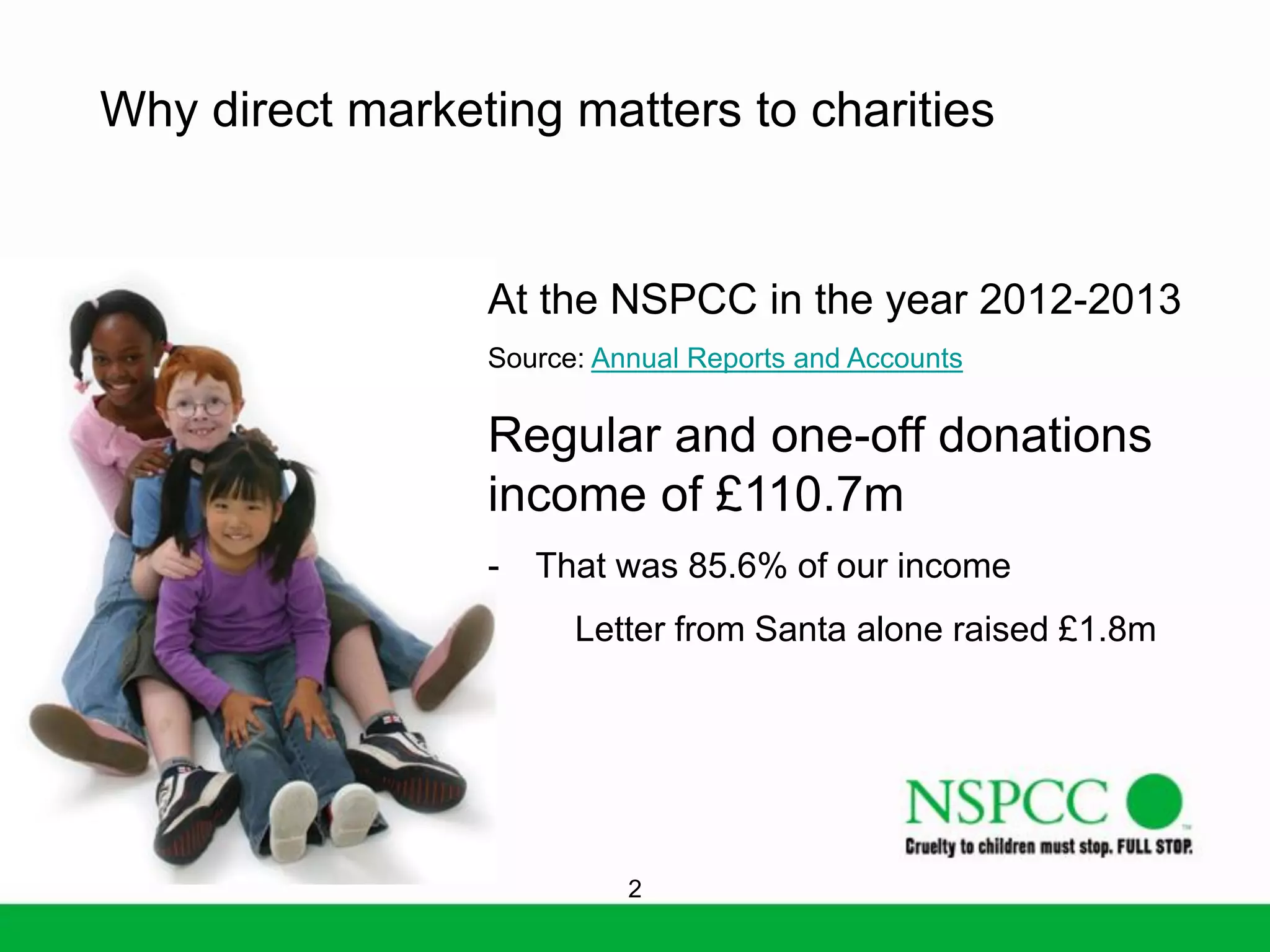 Why direct marketing matters to charities

At the NSPCC in the year 2012-2013
Source: Annual Reports and Accounts

Regular and one-off donations
income of £110.7m
-

That was 85.6% of our income
Letter from Santa alone raised £1.8m

2

 
