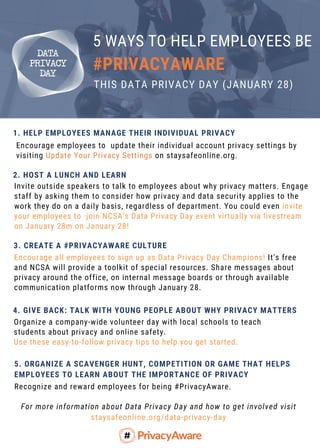 THIS DATA PRIVACY DAY (JANUARY 28)
2. HOST A LUNCH AND LEARN
Invite outside speakers to talk to employees about why privacy matters. Engage
staff by asking them to consider how privacy and data security applies to the
work they do on a daily basis, regardless of department. You could even invite
your employees to join NCSA's Data Privacy Day event virtually via livestream
on January 28m on January 28!
3. CREATE A #PRIVACYAWARE CULTURE
Encourage all employees to sign up as Data Privacy Day Champions! It's free
and NCSA will provide a toolkit of special resources. Share messages about
privacy around the office, on internal message boards or through available
communication platforms now through January 28.
1. HELP EMPLOYEES MANAGE THEIR INDIVIDUAL PRIVACY
Encourage employees to update their individual account privacy settings by
visiting Update Your Privacy Settings on staysafeonline.org.
4. GIVE BACK: TALK WITH YOUNG PEOPLE ABOUT WHY PRIVACY MATTERS
Organize a company-wide volunteer day with local schools to teach
students about privacy and online safety.
Use these easy-to-follow privacy tips to help you get started.
5. ORGANIZE A SCAVENGER HUNT, COMPETITION OR GAME THAT HELPS
EMPLOYEES TO LEARN ABOUT THE IMPORTANCE OF PRIVACY
Recognize and reward employees for being #PrivacyAware.
For more information about Data Privacy Day and how to get involved visit
staysafeonline.org/data-privacy-day
5 WAYS TO HELP EMPLOYEES BE
#PRIVACYAWARE
 