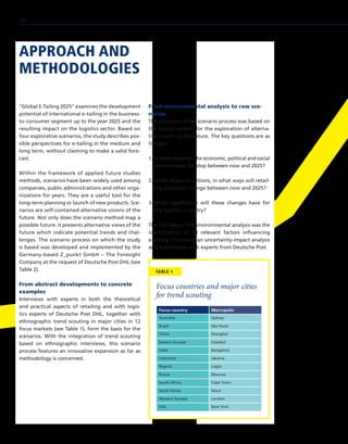 APPROACH AND
METHODOLOGIES
“Global E-Tailing 2025” examines the development
potential of international e-tailing in the business-
to-consumer segment up to the year 2025 and the
resulting impact on the logistics sector. Based on
four explorative scenarios, the study describes pos-
sible perspectives for e-tailing in the medium and
long term, without claiming to make a valid fore-
cast.
Within the framework of applied future studies
methods, scenarios have been widely used among
companies, public administrations and other orga-
nizations for years. They are a useful tool for the
long-term planning or launch of new products. Sce-
narios are self-contained alternative visions of the
future. Not only does the scenario method map a
possible future: it presents alternative views of the
future which indicate potential trends and chal-
lenges. The scenario process on which the study
is based was developed and implemented by the
Germany-based Z_punkt GmbH – The Foresight
Company at the request of Deutsche Post DHL (see
Table 2).
From abstract developments to concrete
examples
Interviews with experts in both the theoretical
and practical aspects of retailing and with logis-
tics experts of Deutsche Post DHL, together with
ethnographic trend scouting in major cities in 12
focus markets (see Table 1), form the basis for the
scenarios. With the integration of trend scouting
based on ethnographic interviews, this scenario
process features an innovative expansion as far as
methodology is concerned.
From environmental analysis to raw sce-
narios
The structure of the scenario process was based on
the typical pattern for the exploration of alterna-
tive visions of the future. The key questions are as
follows:
1. In what ways can the economic, political and social
environments develop between now and 2025?
2. Under these conditions, in what ways will retail-
ing structures change between now and 2025?
3. What significance will these changes have for
the logistics industry?
The first step in the environmental analysis was the
identification of 38 relevant factors influencing
e-tailing. Following an uncertainty-impact analysis
and a workshop with experts from Deutsche Post
Focus countries and major cities
for trend scouting
TABLE 1
Focus country Metropolis
Australia Sydney
Brazil São Paulo
China Shanghai
Eastern Europe Istanbul
India Bangalore
Indonesia Jakarta
Nigeria Lagos
Russia Moscow
South Africa Cape Town
South Korea Seoul
Western Europe London
USA New York
110
 