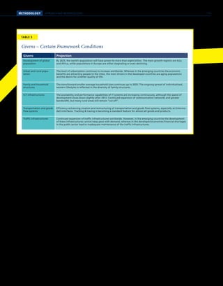 METHODOLOGY APPROACH AND METHODOLOGIES
Givens – Certain Framework Conditions
TABLE 5
Givens Projection
Development of global
population
By 2025, the world's population will have grown to more than eight billion. The main growth regions are Asia
and Africa, while populations in Europe are either stagnating or even declining.
Urban and rural popu-
lation
The level of urbanization continues to increase worldwide. Whereas in the emerging countries the economic
benefits are attracting people to the cities, the main drivers in the developed countries are aging populations
and the desire for a better quality of life.
Family and household
structures
The trend toward smaller average household sizes continues up to 2025. The ongoing spread of individualized,
western lifestyles is reflected in the diversity of family structures.
ICT infrastructures The availability and performance capabilities of IT systems are increasing continuously, although the speed of
development slows down slightly after 2013. Continued expansion of communication networks and greater
bandwidth, but many rural areas still remain cut off.
Transportation and goods
flow systems
Efficiency-enhancing creation and restructuring of transportation and goods flow systems, especially at (intermo-
dal) interfaces. Tracking  tracing is becoming a standard feature for almost all goods and products.
Traffic infrastructures Continued expansion of traffic infrastructures worldwide. However, in the emerging countries the development
of these infrastructures cannot keep pace with demand, whereas in the developed economies financial shortages
in the public sector lead to inadequate maintenance of the traffic infrastructures.
115
 