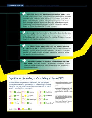 A VIEW FROM THE FUTURE SCENARIO 3 // ARTIFICIAL INTELLIGENCE IN THE DIGITAL RETAILING SPHERE
ÎÎ The logistics sector is benefiting from the growing business
of return deliveries – in particular thanks to new business models such as
predictive purchasing. Retailers take into account that returns are part and
parcel of this model, although technically, it would be possible to reduce
the rate of returns to a minimum.
ÎÎ Logistics systems are so advanced that customers can view
their delivery status and act upon it at any time – the freedom to deter-
mine one’s own actions is just as important as the security aspect from a
consumer perspective.
ÎÎ Some major retail companies in the food and non-food sectors
have established their own logistics networks; pioneers of this system can
be found especially in the United States. The majority of retailers, however,
cooperate with logistics operators.
Significance of e-tailing in the retailing sector in 2025
In almost all listed regions, the share of e-tailing in total retail volume is
increasing significantly. The only exceptions are India and Nigeria. Although
the market share of e-tailing is rising in these countries as well, the level of
growth is lower than in the other regions.
E-tailing includes online-only retailing
in addition to mixed online/offline
forms.
The countries of western and eastern
Europe are not shown in further detail
in this graphic, since the regional
differences are not significant in global
terms.
* Western Europe:Austria, Belgium, Denmark, Fin-
land, France, Germany, Greece, Italy, Luxembourg,
Netherlands, Portugal, Republic of Ireland, Spain,
Sweden and United Kingdom.
**Eastern Europe: Bulgaria, Cyprus, Czech Republic,
Estonia, Hungary, Latvia, Lithuania, Malta, Poland,
Romania, Slovakia, Slovenia and Turkey.
Growth in e-tailing: low medium high
ÎÎ Same-hour delivery is standard in metropolitan areas. Thanks
to the predictive power of Big Data, many logistics specialists can anticipate
that a particular product is going to be ordered before the actual order is
placed and dispatch the goods to decentralized warehouses in advance.
Some goods are delivered with drones. Same-day delivery is common in
rural areas of most industrialized countries, while in emerging markets,
except for China, next-day delivery is more the norm.
Australia
Brazil
China
India
South Africa
South Korea
USA
Western Europe*
Indonesia
Nigeria
Eastern Europe**
Russia
67
 