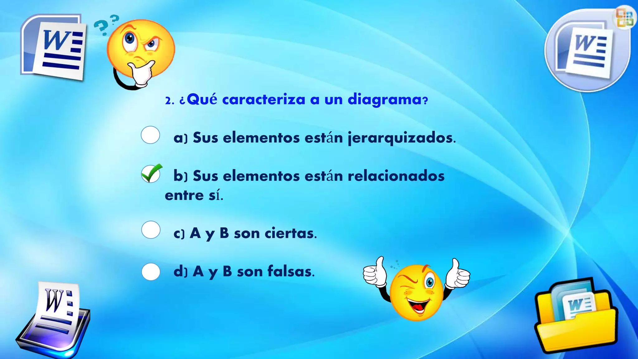2. ¿Qué caracteriza a un diagrama?
a) Sus elementos están jerarquizados.
b) Sus elementos están relacionados
entre sí.
c) A y B son ciertas.
d) A y B son falsas.
 