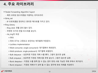 ㈜유미테크15㈜유미테크 DPDK
 Packet Forwarding Algorithm Suport
- 패킷 포워딩 알고리즘을 지원하는 라이브러리
 librte_net
- IP 프로토콜을 정의하고 편리한 매크로를 가지고 있다.
 Ring Library
- Ring Lib는 큐를 관리 할수 있다.
- 무한한 크기의 연결 리스트를 갖는다.
- rte_ring의 속성
• FIFO
• 최대 크기는 고정되고 포인터는 테이블에 저장된다.
• Lockless implementation
• Multi-consumer, single-consumer는 대기열에서 제외된다.
• Multi-producer, single-producer는 대기열에 포함된다.
• Bulk dequeue – 성공하면 지정된 개체 수를 뺀다. 그렇지 않으면 실패
• Bulk enqueue – 성공하면 지정된 개체수를 큐에 넣는다. 그렇지 않으면 실패
• Burst dequeue – 지정된 수를 충족 할 수 없는 경우 최대 사용 가능한 개체 큐에서 제거된다.
• Burst enqueue – 지정된 개체수가 성취 될 수 없는 경우에 최대 개체를 저장한다
4. 주요 라이브러리
 