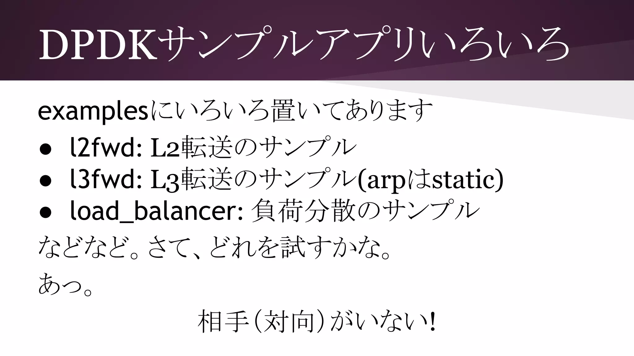 DPDKサンプルアプリいろいろ
examplesにいろいろ置いてあります
● l2fwd: L2転送のサンプル
● l3fwd: L3転送のサンプル(arpはstatic)
● load_balancer: 負荷分散のサンプル
などなど。さて、どれを試すかな。
あっ。
相手（対向）がいない!
 