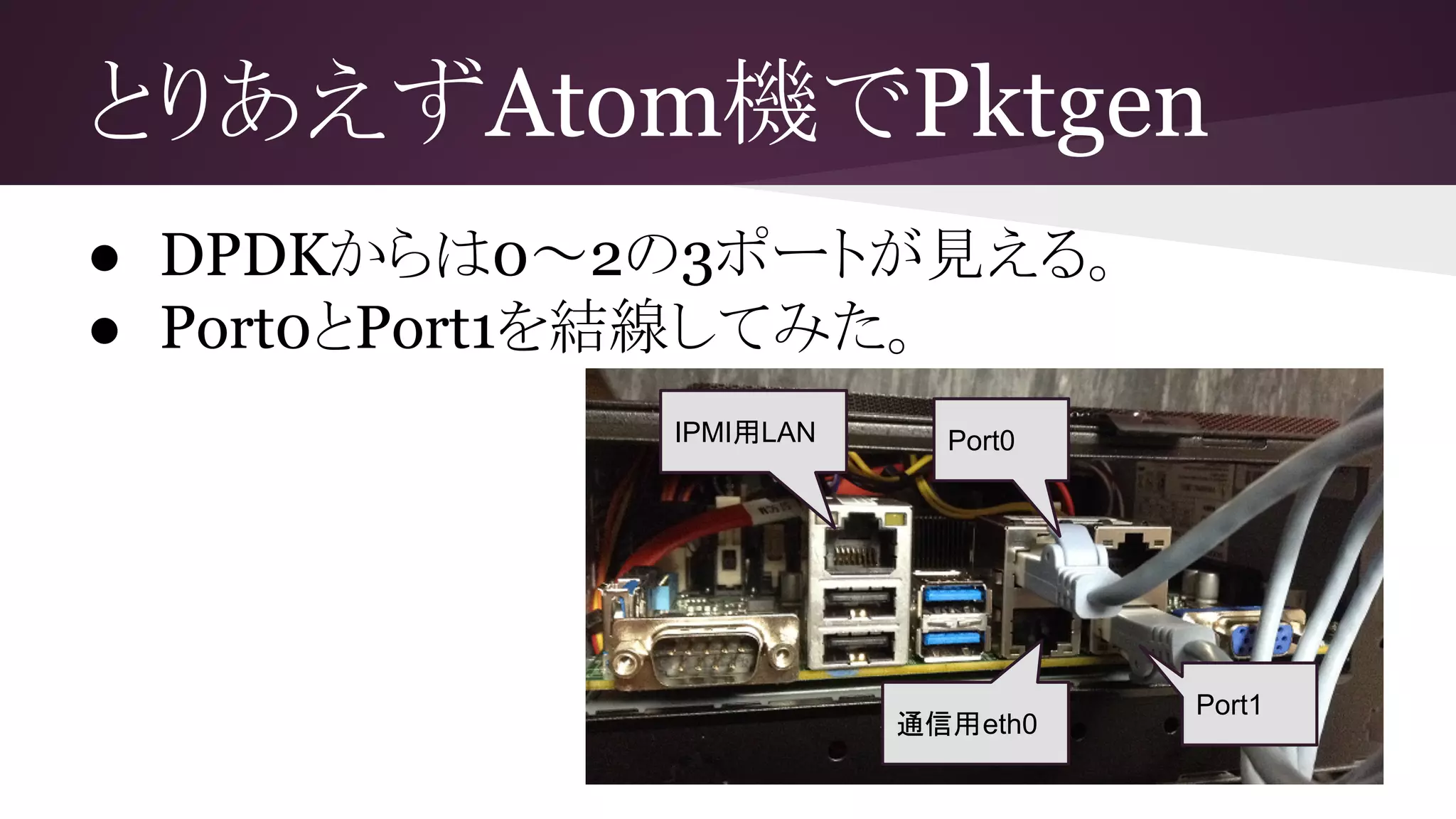 とりあえずAtom機でPktgen
● DPDKからは0～2の3ポートが見える。
● Port0とPort1を結線してみた。
IPMI用LAN
通信用eth0
Port0
Port1
 