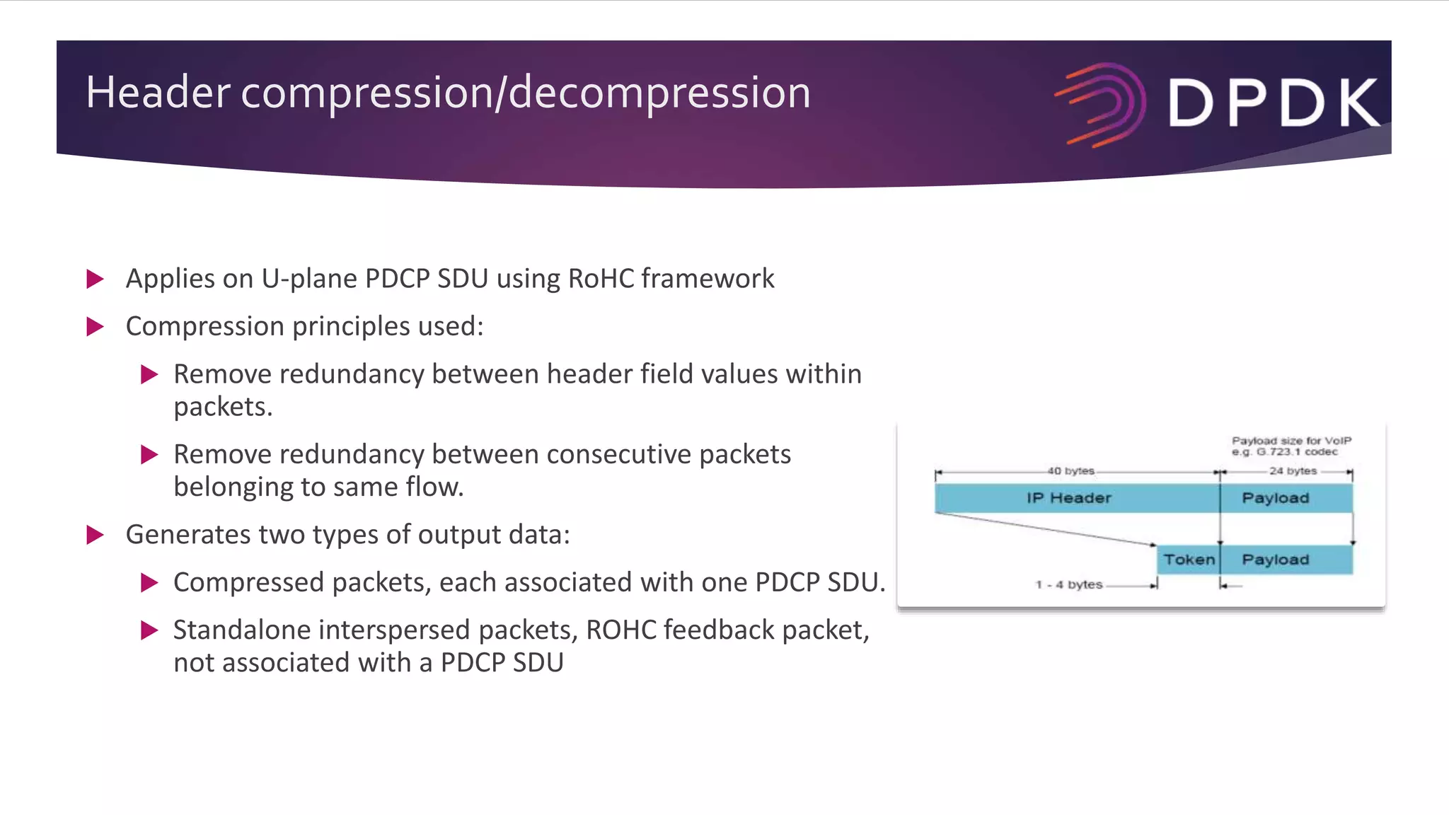 Header compression/decompression
 Applies on U-plane PDCP SDU using RoHC framework
 Compression principles used:
 Remove redundancy between header field values within
packets.
 Remove redundancy between consecutive packets
belonging to same flow.
 Generates two types of output data:
 Compressed packets, each associated with one PDCP SDU.
 Standalone interspersed packets, ROHC feedback packet,
not associated with a PDCP SDU
 