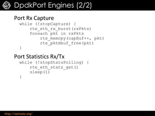 http://ostinato.org/
DpdkPort Engines (2/2)
Port Rx Capture
while (!stopCapture) {
rte_eth_rx_burst(rxPkts)
foreach pkt in rxPkts
rte_memcpy(capBuf++, pkt)
rte_pktmbuf_free(pkt)
}
Port Statistics Rx/Tx
while (!stopStatsPolling) {
rte_eth_stats_get()
sleep(1)
}
 