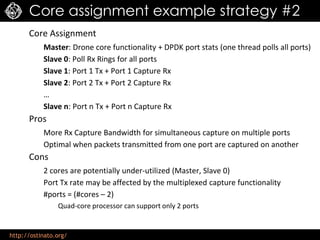 http://ostinato.org/
Core assignment example strategy #2
Core Assignment
Master: Drone core functionality + DPDK port stats (one thread polls all ports)
Slave 0: Poll Rx Rings for all ports
Slave 1: Port 1 Tx + Port 1 Capture Rx
Slave 2: Port 2 Tx + Port 2 Capture Rx
…
Slave n: Port n Tx + Port n Capture Rx
Pros
More Rx Capture Bandwidth for simultaneous capture on multiple ports
Optimal when packets transmitted from one port are captured on another
Cons
2 cores are potentially under-utilized (Master, Slave 0)
Port Tx rate may be affected by the multiplexed capture functionality
#ports = (#cores – 2)
Quad-core processor can support only 2 ports
 