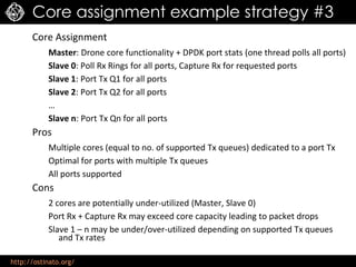 http://ostinato.org/
Core assignment example strategy #3
Core Assignment
Master: Drone core functionality + DPDK port stats (one thread polls all ports)
Slave 0: Poll Rx Rings for all ports, Capture Rx for requested ports
Slave 1: Port Tx Q1 for all ports
Slave 2: Port Tx Q2 for all ports
…
Slave n: Port Tx Qn for all ports
Pros
Multiple cores (equal to no. of supported Tx queues) dedicated to a port Tx
Optimal for ports with multiple Tx queues
All ports supported
Cons
2 cores are potentially under-utilized (Master, Slave 0)
Port Rx + Capture Rx may exceed core capacity leading to packet drops
Slave 1 – n may be under/over-utilized depending on supported Tx queues
and Tx rates
 