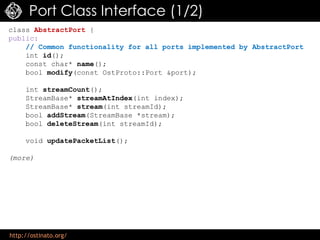 http://ostinato.org/
Port Class Interface (1/2)
class AbstractPort {
public:
// Common functionality for all ports impleme...